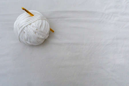 large white t-shirt yarn ball with gold crochet hook attached, on white background