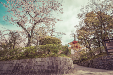 Kyoto, Japan at Kiyomizu-dera Temple in the spring, vintageのeditorial素材
