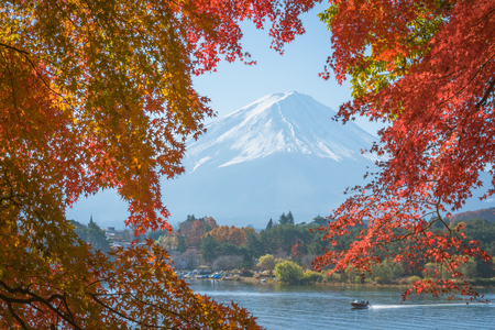red frame of maple leaf and mt.Fujiの写真素材