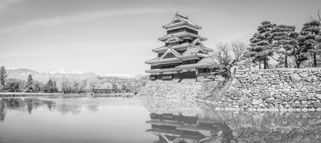 Matsumoto Castle is one of the most complete and beautiful among Japan's original castles ,panorama ,black and whiteのeditorial素材