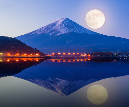 Beautiful mt Fuji in twilight ,full moonの写真素材
