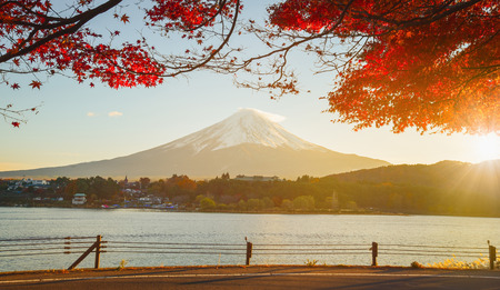 red frame of maple leaf and mt.Fujiの写真素材