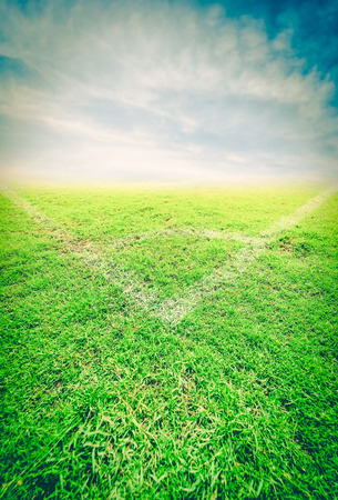 green soccer field with the blue sky ,vintageの写真素材