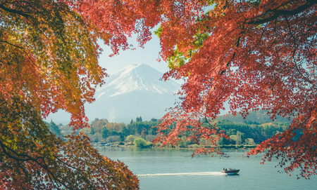 red frame of maple leaf and mt.Fuji ,vintageの写真素材