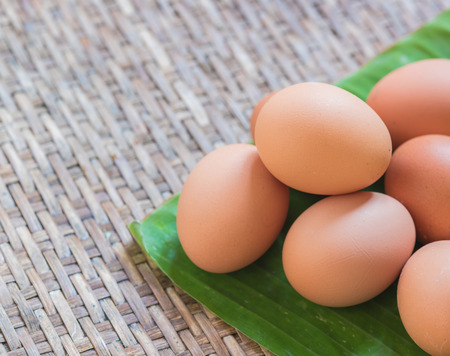 close up of a egg on a banana leafの写真素材