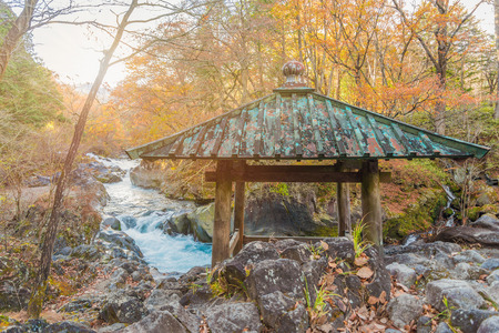 watercourse at nikko, japan sunsetの写真素材