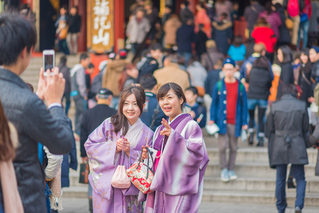 TOKYO - January 25 2015 : Nakamise shopping street in Asakusa connect to Senso-ji Temple in Asakusa, Tokyo on 25 January 2015.The Senso-ji Temple in Asakusa is the most famous temple in tokyoのeditorial素材