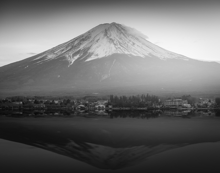 Mount Fuji reflected in Lake Kawaguchi on sunset , black and whiteの写真素材