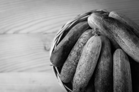 Fresh cucumbers in basket on wood , black and whiteの写真素材