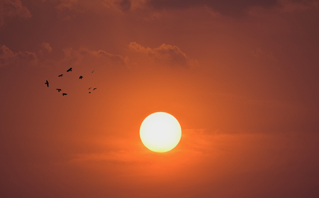 Summer sunset. The setting sun in a cloudy sky background.の写真素材