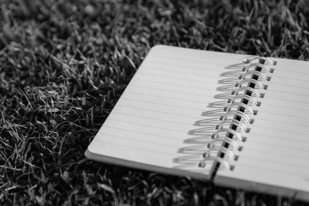 Old notebook on fresh spring green grass , black and white.