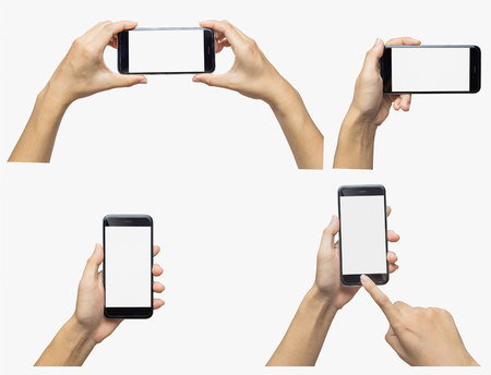 set of hands with mobile smart phone with blank screen isolated on white backgroundの写真素材