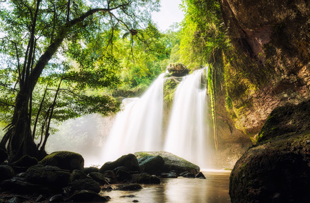 Waterfall cave, Haewsuwat waterfall at Khao Yai National Park, Thailand on sunset.の写真素材