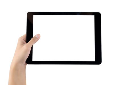 Hand holding tablet blank screen. Woman hand using tablet isolated on white background. teblet white screen.の写真素材