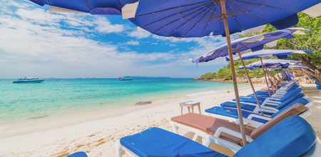 Beach chair and umbrella on the beach , Koh larn , Thailand.の写真素材