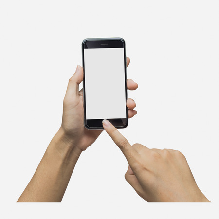 hand holding phone blank screen isolated white background.の写真素材