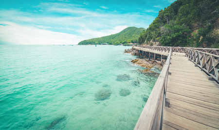 Wooden Bridge with beautiful seacape in koh lan ,Thailand ,  vintage toneの写真素材