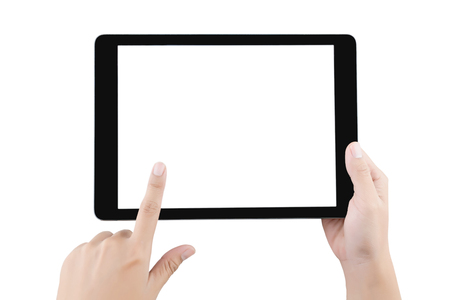 Hand holding tablet blank screen. Woman hand using tablet isolated on white background. teblet white screen.の写真素材