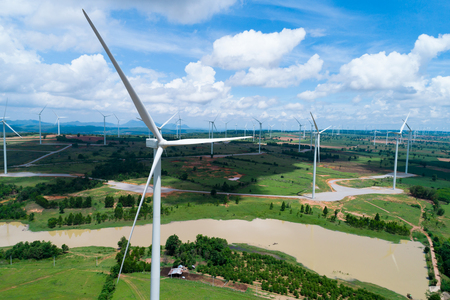 Wind turbine from aerial view. Sustainable development, environment friendly concept. Wind turbine give renewable energy, sustainable energy, alternative energy. Wind sustainability energy.の写真素材
