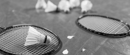 Badminton ball (shuttlecock) and racket on court floor. Black and white banner panoramic crop for copy space.の写真素材