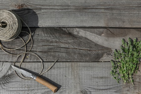 bundle of blooming thyme on old wood backgroundの写真素材
