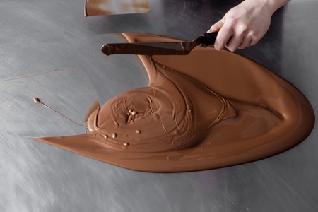 manufacturing of handcrafted chocolate candies in daylightの写真素材