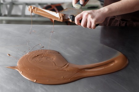 manufacturing of handcrafted chocolate candies in daylightの写真素材