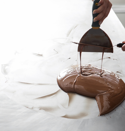 manufacturing of handcrafted chocolate candies in daylightの写真素材