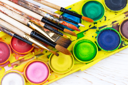 Paint brushes and paints for drawing.の写真素材