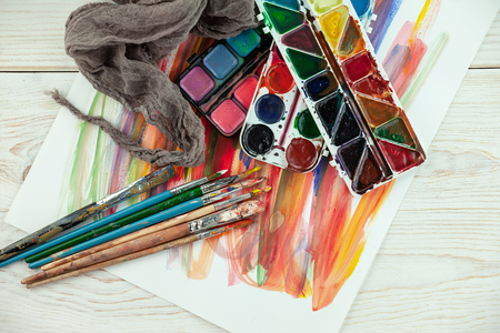 Paint brushes and paints for drawing.の写真素材