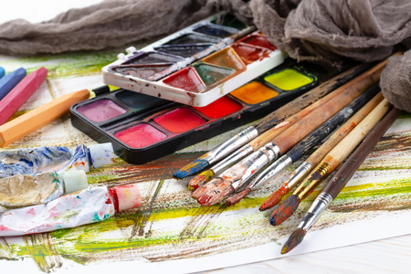 Paint brushes and paints for drawing.の写真素材