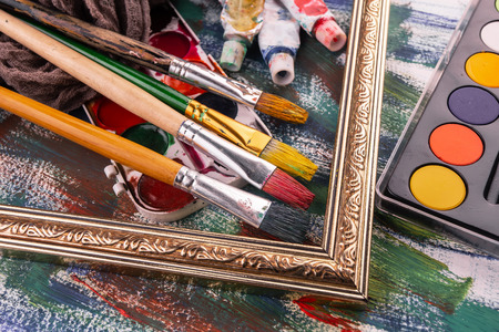 Paint brushes and paints for drawing.の写真素材