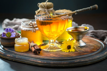 Sweet honey with flowers on an old background.の写真素材