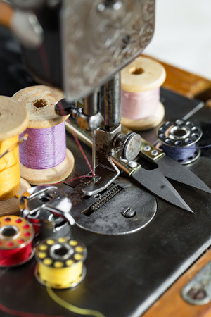 Sewing machine and sewing accessories close up. Sewing processの写真素材