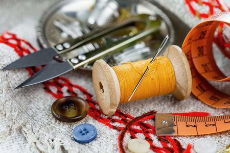 Threads, needles and sewing items.の写真素材