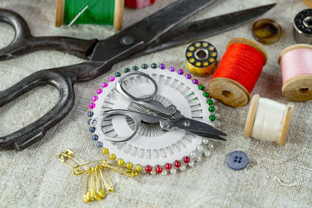 Threads, needles and sewing items.の写真素材