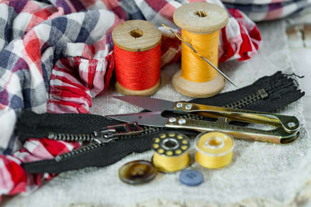 Threads, needles and sewing items.の写真素材