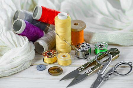 Threads, needles and sewing items.の写真素材