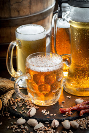 Light beer in a glass on the table. Beer composition with beer glassesの写真素材