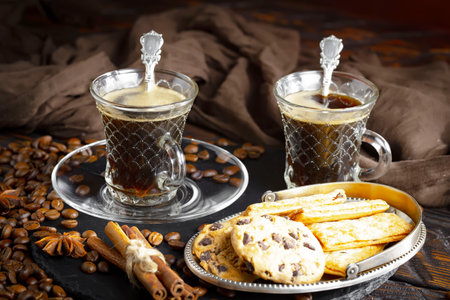 Coffee in a cup and saucer on an old background.の写真素材