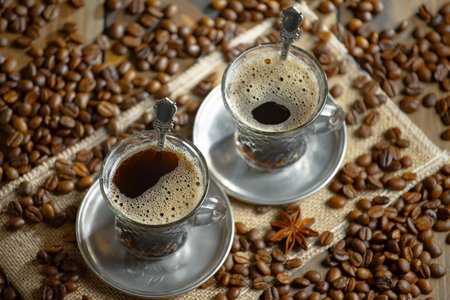 Coffee in a cup and saucer on a wooden backgroundの写真素材