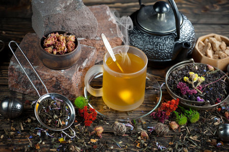 Tea hot drink on old background in composition with accessories on the tableの写真素材