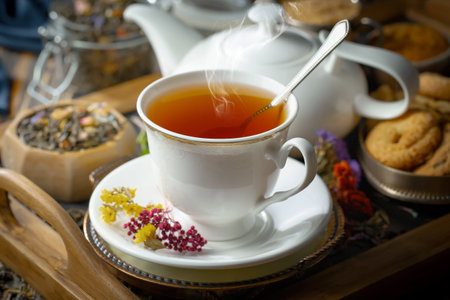 Tea hot drink on old background in composition with accessories on the tableの写真素材