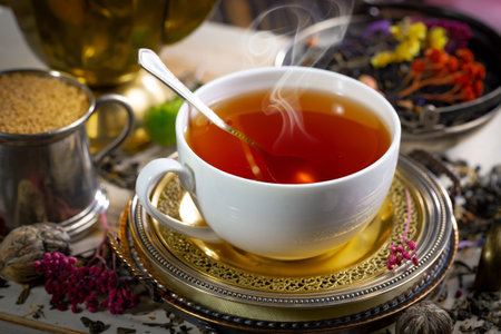 Tea hot drink on old background in composition on the table, top viewの写真素材