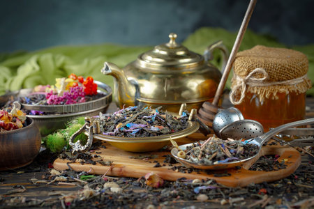 Tea composition on the table in composition on the theme of oriental teaの写真素材