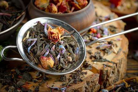 tea with dried roses in a bowl on a wooden table.の写真素材