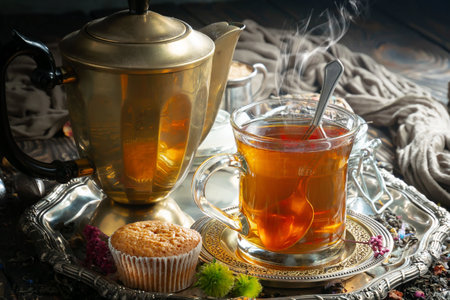 Tea hot drink on old background in composition on the theme of teaの写真素材