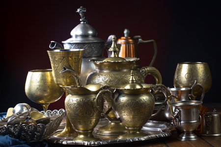 Tea set on a table in oriental style. Antique silverware.