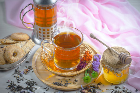 Tea hot drink on old background in composition on the theme of healthの写真素材
