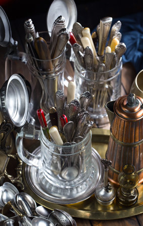 Vintage kitchen utensils on the table. Selective focus.の写真素材
